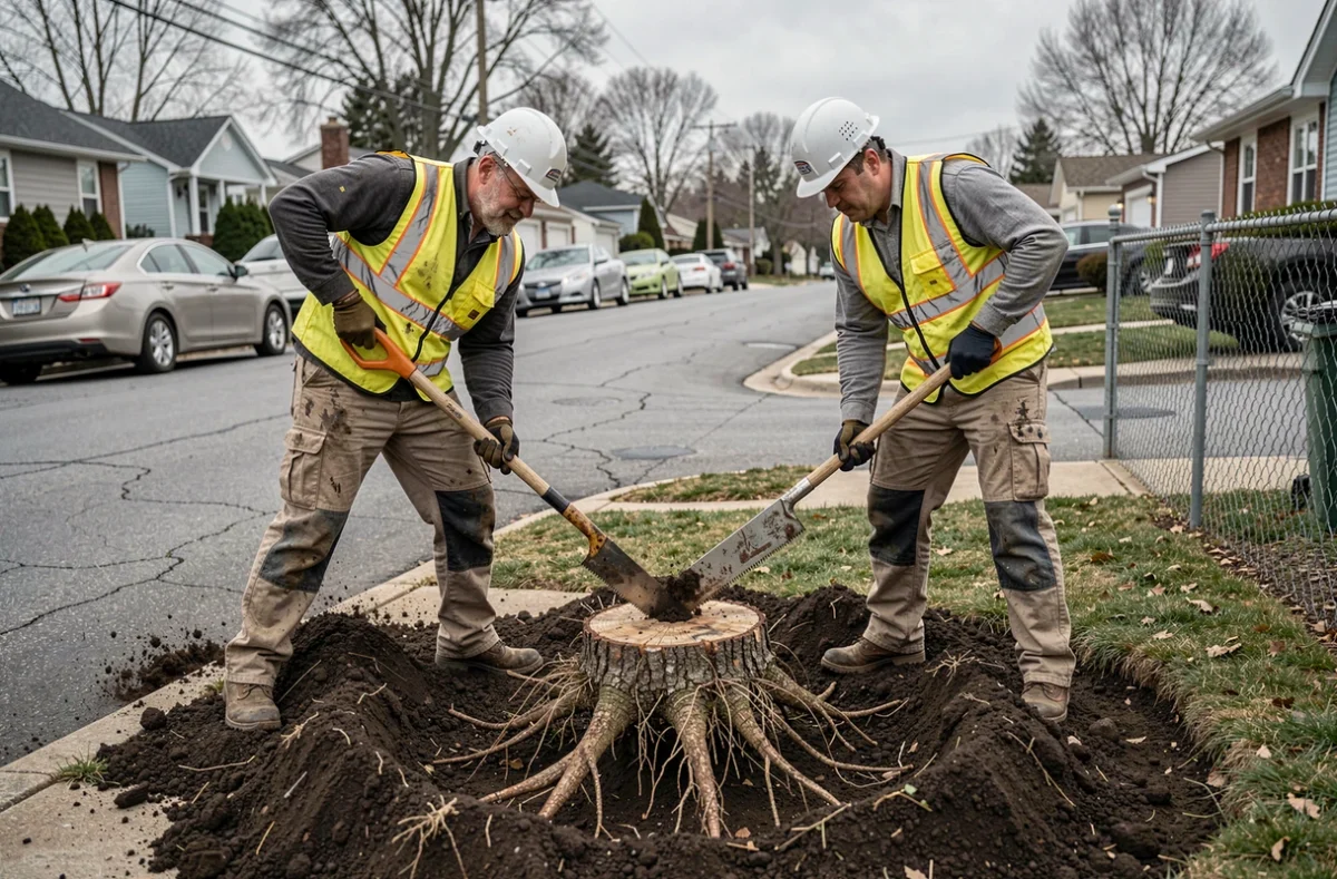 Deux ouvriers paysagistes extrayant manuellement une souche d'arbre avec des pelles dans un jardin de banlieue