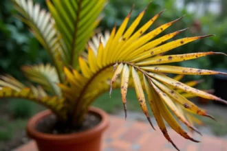 Palmier en pot avec des frondes jaunes et des taches brunes symptomatiques d'une maladie foliaire