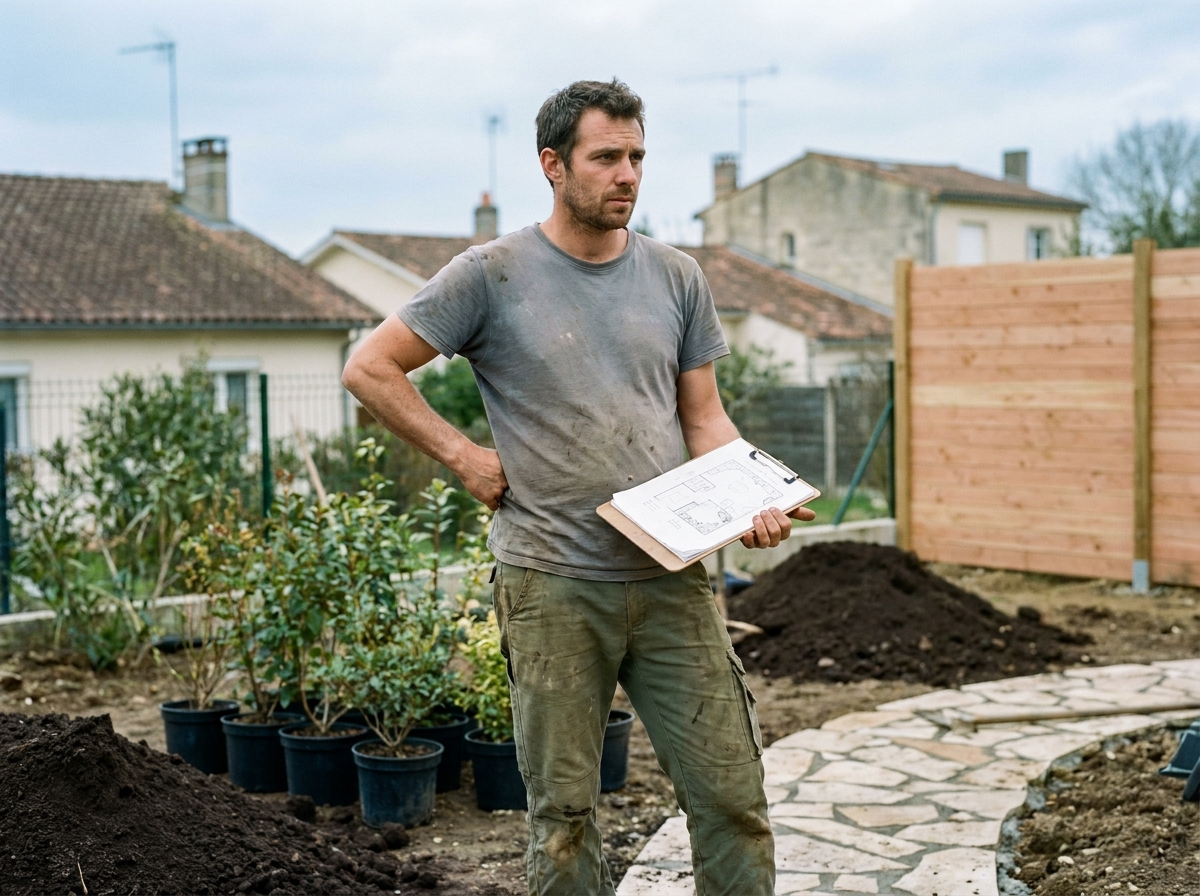 Paysagiste consultant un plan de jardin lors d'un chantier d'aménagement paysager à Bordeaux