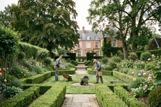 Équipe de paysagistes professionnels travaillant dans un jardin soigné des Hauts-de-France, avec des haies taillées, des massifs fleuris et un domaine en brique typique du nord de la France.