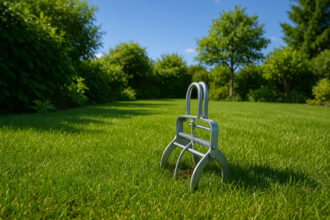 Photo hyperrealiste d'une pelouse verte dans un jardin ensoleille avec une trappe a taupe discrète