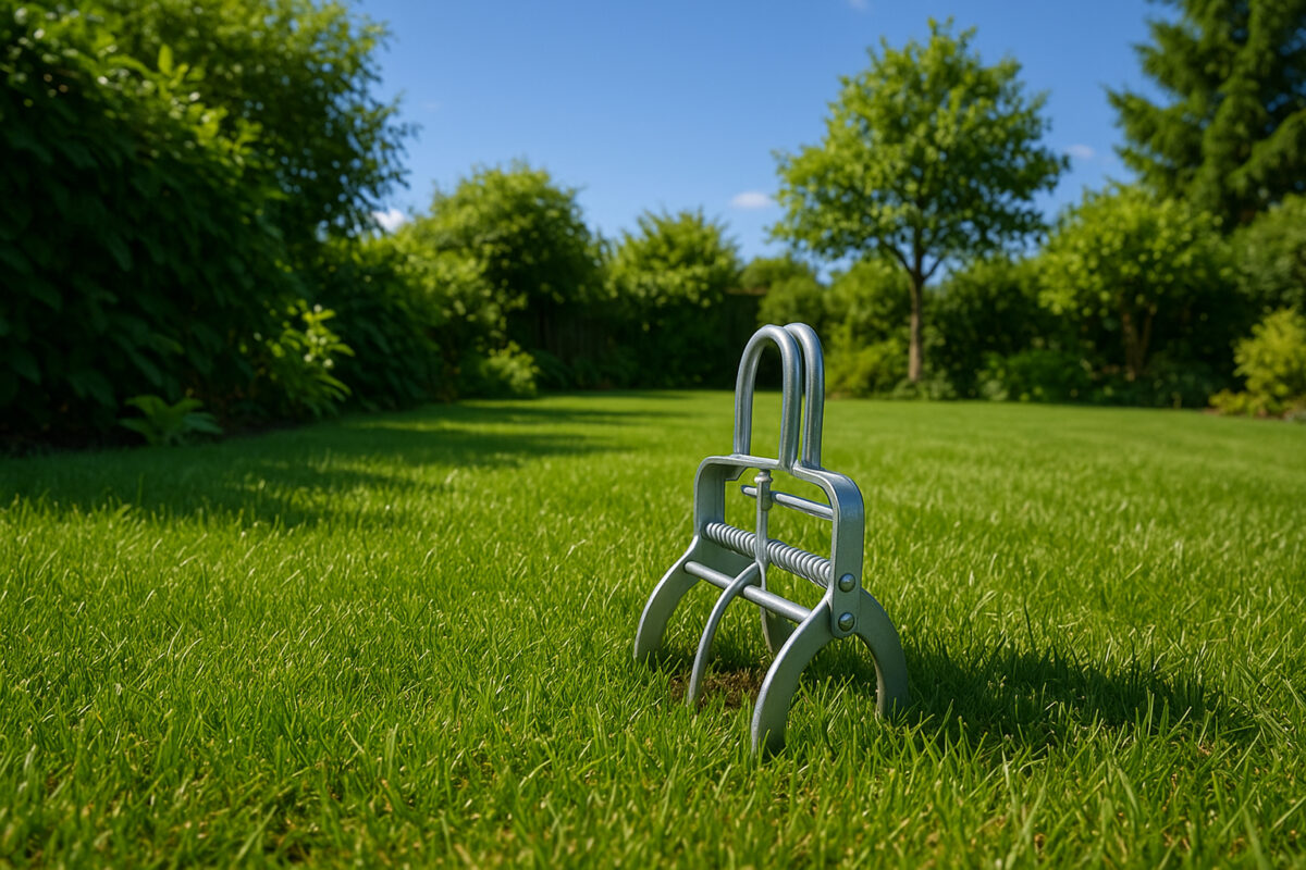 Photo hyperrealiste d'une pelouse verte dans un jardin ensoleille avec une trappe a taupe discrète