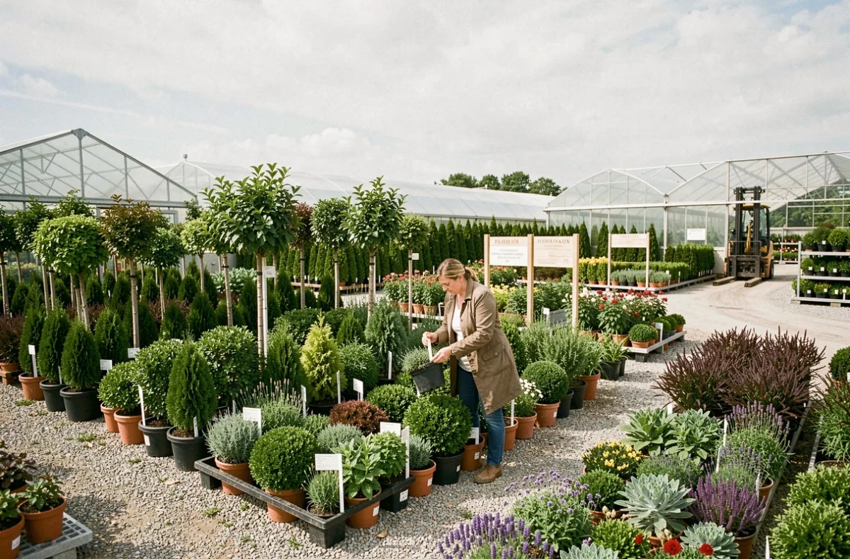 Vue large de la pépinière de L'Ardrésis dans le Pas-de-Calais avec ses rangées d'arbres, arbustes ornementaux et vivaces en pots soignés par une employée.