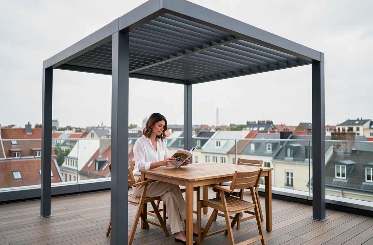 Femme assise sous une pergola bioclimatique en aluminium anthracite sur une terrasse urbaine contemporaine