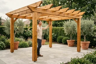 Homme examinant une pergola en bois Douglas sur une terrasse extérieure entourée de végétation