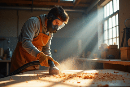 Personne en atelier nettoyant la poussière de bois avec un aspirateur