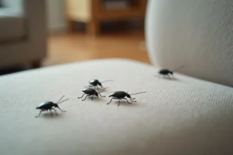 Gros plan de petites bêtes noires sautant sur un canapé en tissu gris, signes d'une infestation à domicile