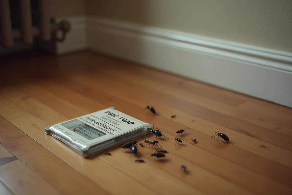 Piège collant posé sur un parquet avec de petites bêtes noires sauteuses capturées, détection d'une infestation dans un appartement
