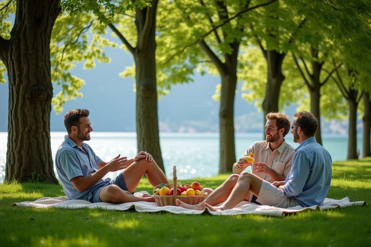 Groupe de personnes pique-niquant à l'ombre des marronniers dans un parc au bord du lac d'Annecy