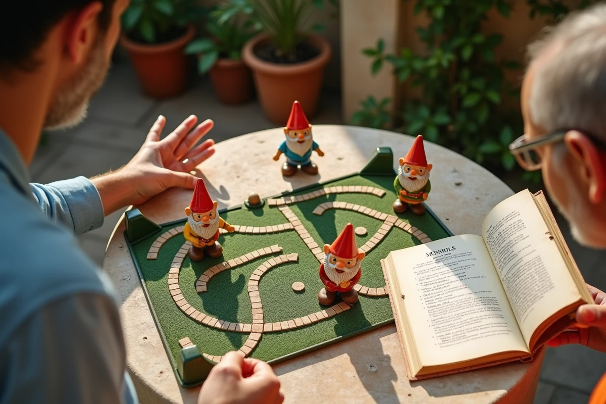 Gros plan sur un jeu de nain de jardin mal disposé avec règles ouvertes, erreurs de placement des figurines discutées entre joueurs