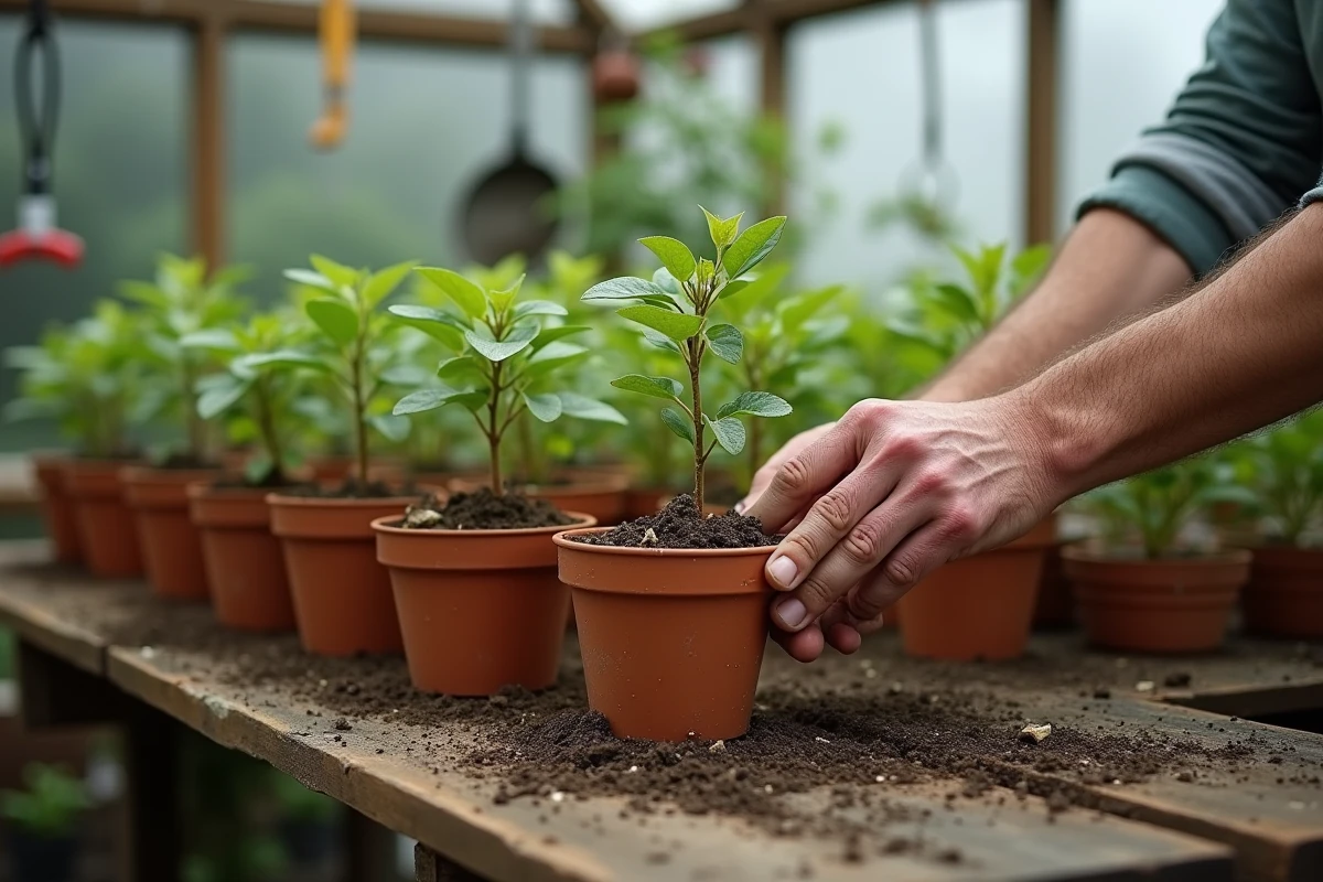 Mains masculines plantant des boutures de Pittosporum dans des pots en terre cuite avec de la perlite en serre