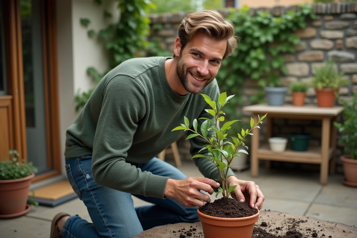 Jeune homme plantant une branche dans un pot en terre cuite