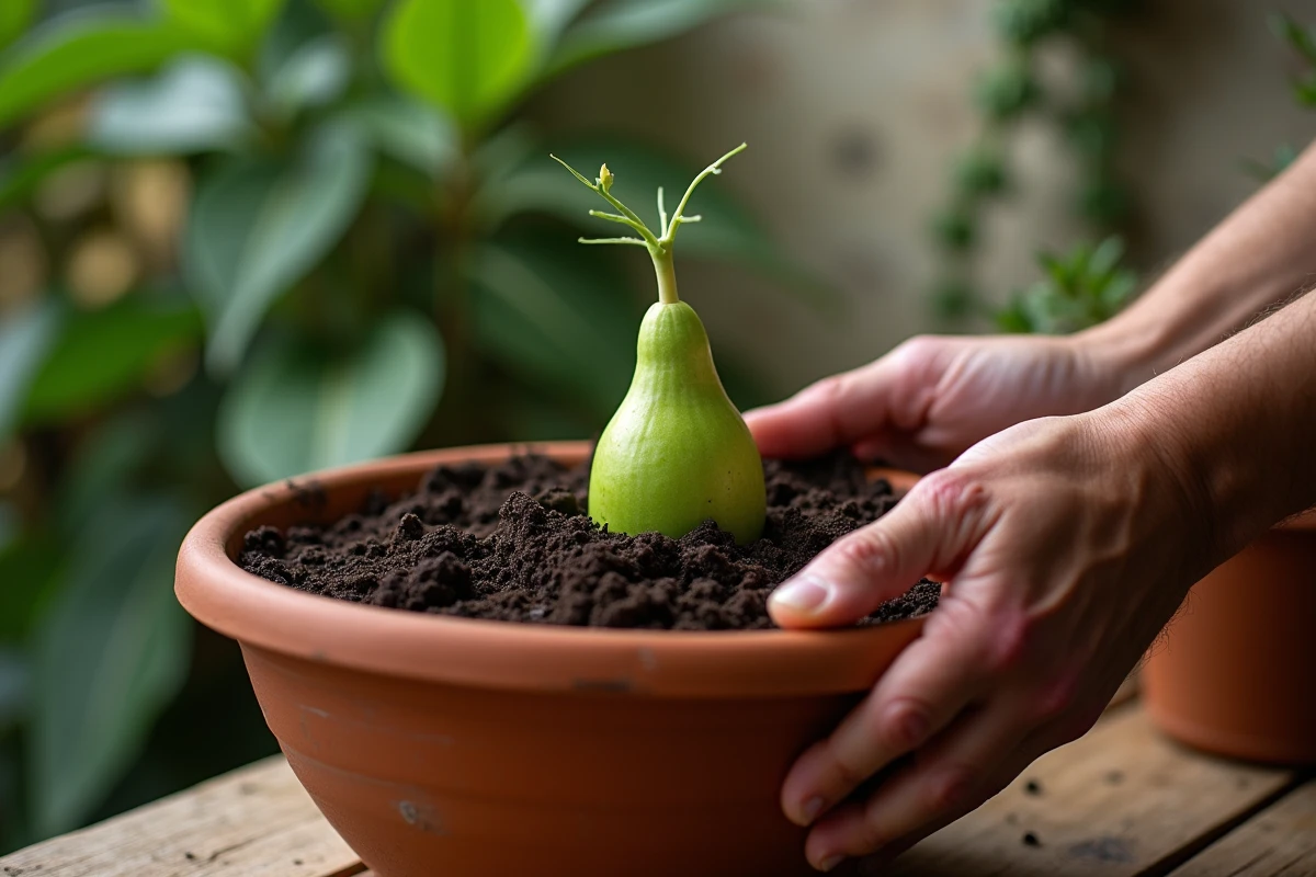 Mains plantant une christophine germée dans un pot de terre pour démarrer la culture