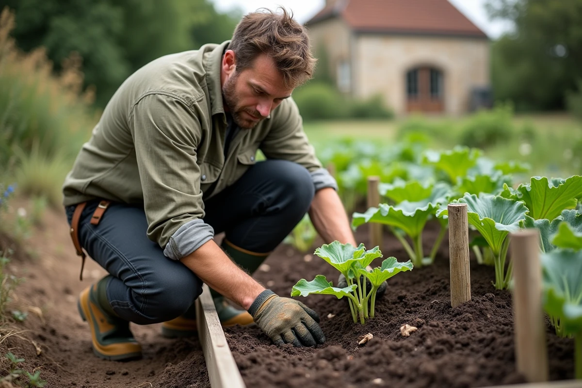 Plantation d'un plant de citrouille Bleu de Hongrie dans un potager en pleine terre au printemps