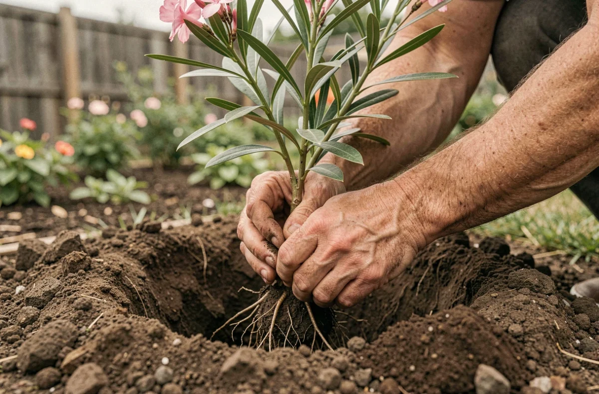 Plantation d'un jeune laurier rose en pleine terre avec les racines visibles et une préparation du sol au compost