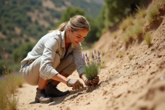 Femme plantant de la lavande sur un talus sec et pentu en plein soleil dans un jardin en France