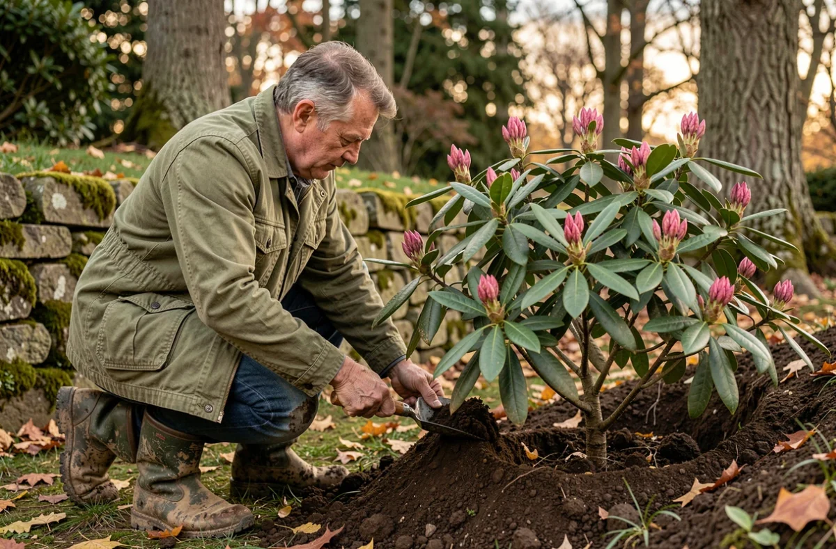 Homme remblayant la terre autour d'un rhododendron nouvellement planté dans un jardin en pente
