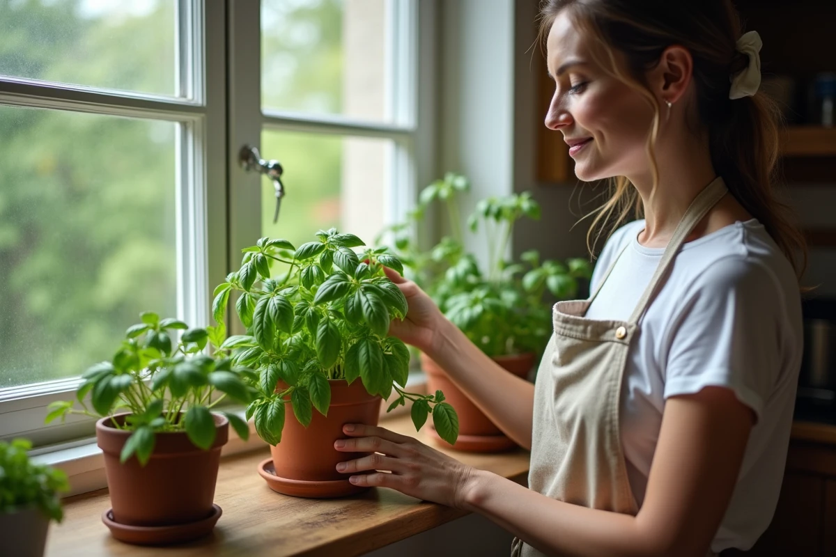 Femme entretenant des plantes aromatiques anti mouches comme le basilic et la menthe sur un rebord de fenêtre de cuisine