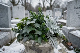Arrangement de plantes à feuillage persistant dans une urne en pierre sur une tombe en hiver, lierre et buis givré dans un cimetière français