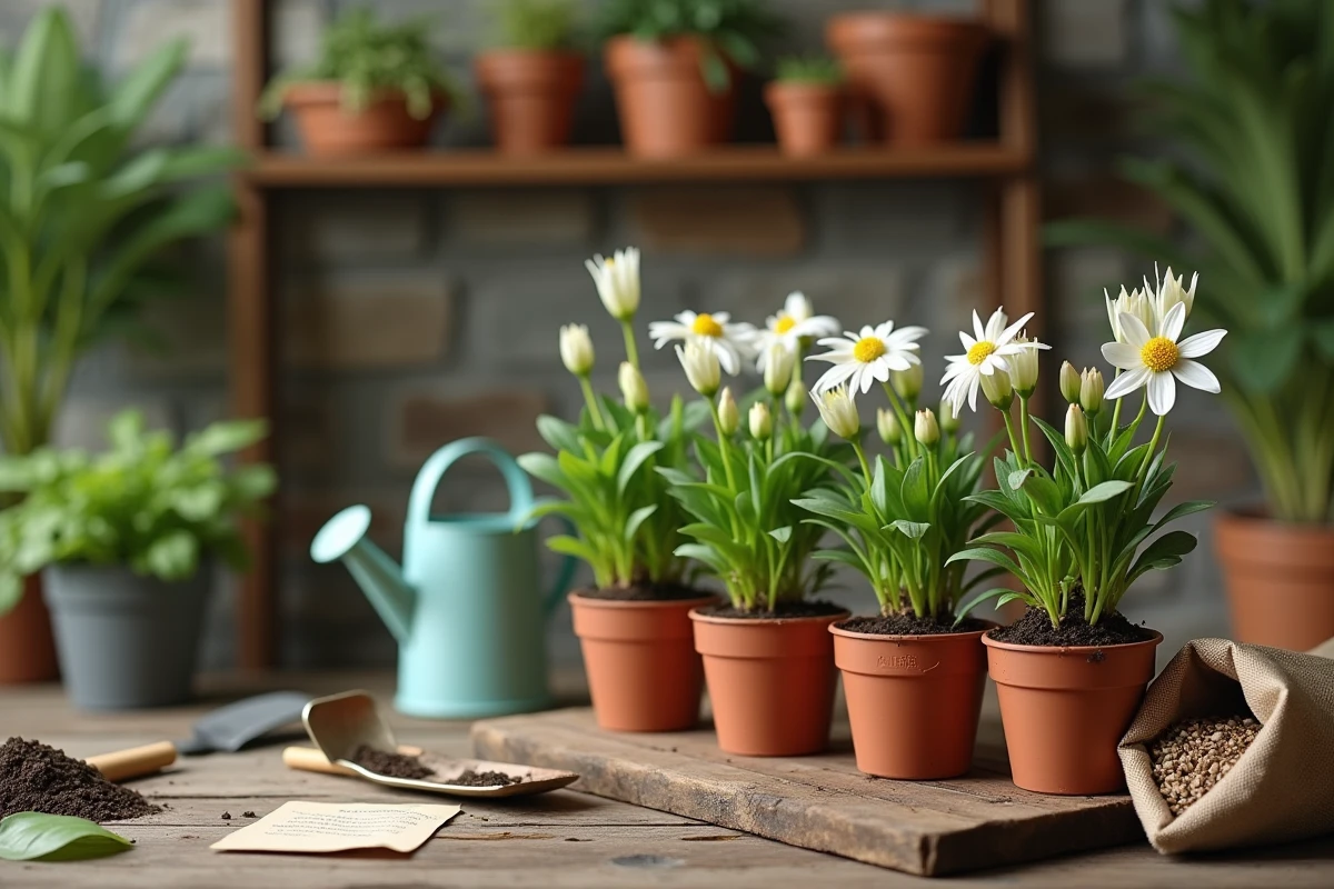 Gros plan de plants de fleurs en petits pots avec arrosoir, truelle et carte de conseils d'entretien sur une surface en bois récupéré