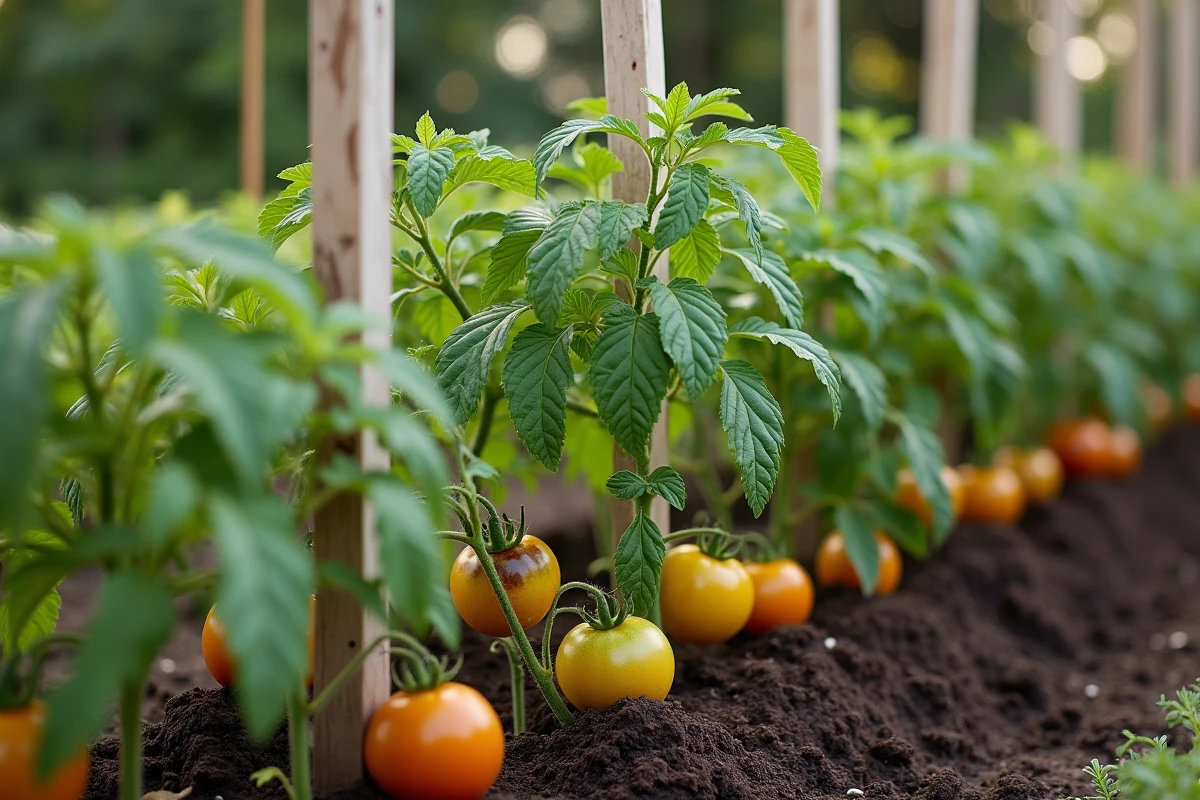 Rangée de plants de tomates au jardin potager montrant différents symptômes foliaires, feuilles jaunes en bas et feuilles brûlées en hauteur
