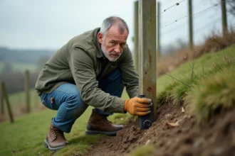 Homme posant un poteau de clôture sur terrain en pente sans ciment, enfonçant un piquet métallique avec un outil manuel sur une colline herbeuse