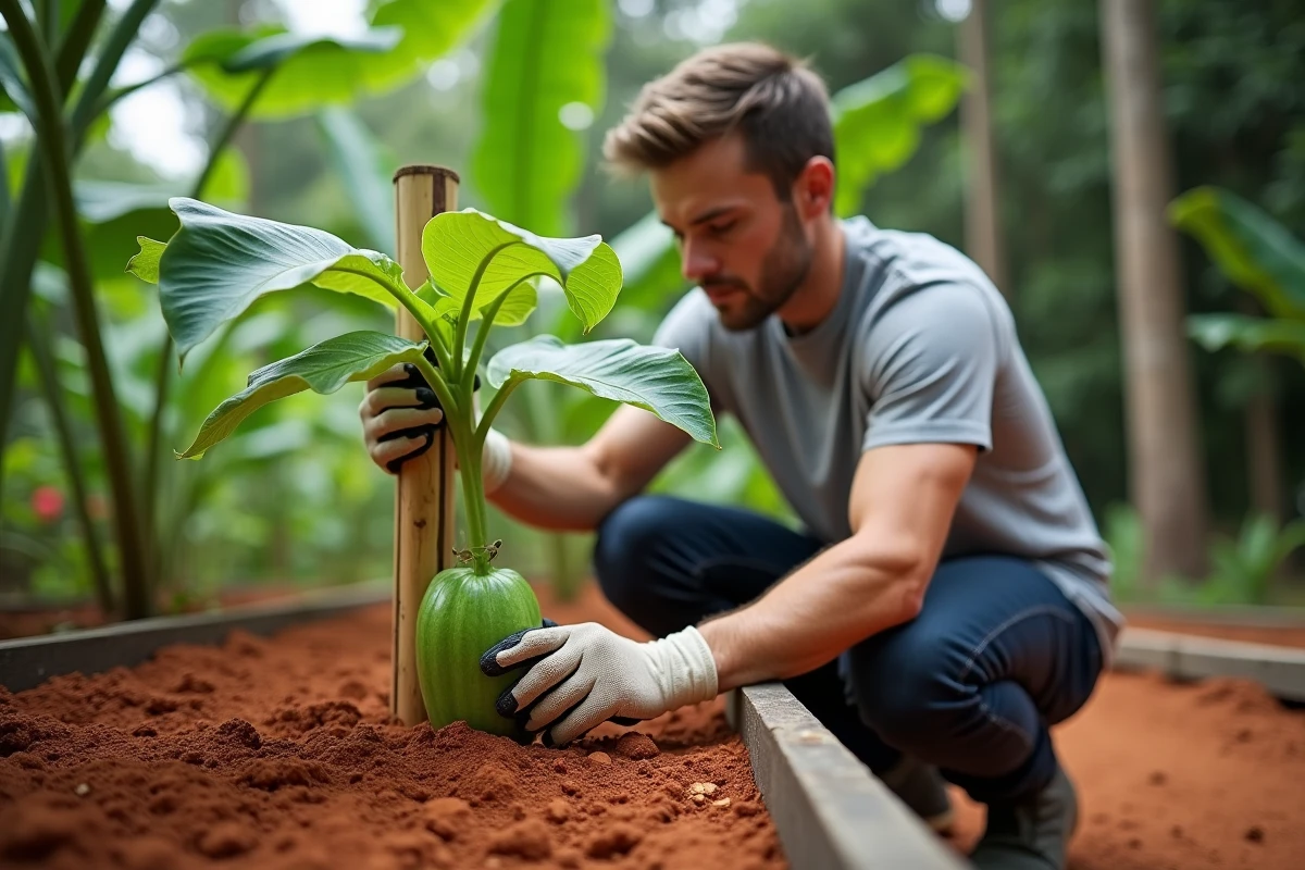 Jeune homme observant la pousse d'une christophine dans un jardin tropical