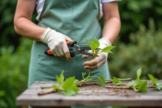 Femme prélevant des boutures de Pittosporum Kohuhu sur un établi de jardin avec des cisailles propres