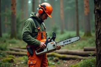 Professionnel forestier inspectant une tronçonneuse STIHL MS 211 avant une coupe en forêt