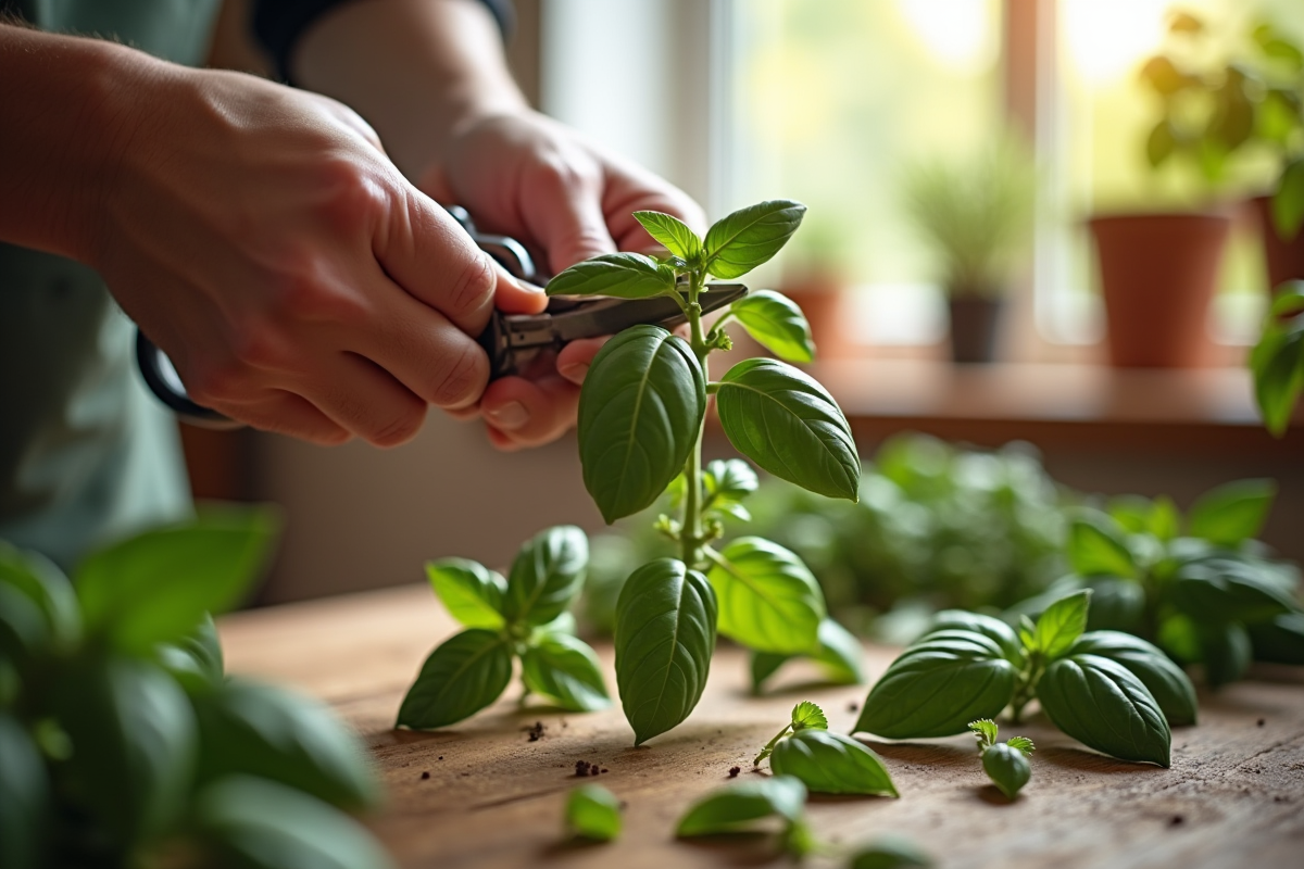 Mains préparant une branche de basilic pour propagation