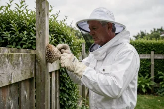Homme en combinaison de protection inspectant un nid de frelons asiatiques sur une clôture en bois dans un jardin