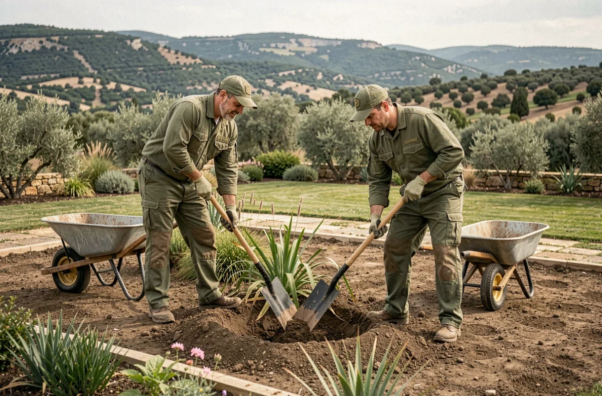 Deux jardiniers de Quadra Terra installant des plantes indigènes dans un jardin de l'Hérault