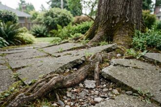 Allée de jardin en béton fissurée et soulevée par de grosses racines d'arbre envahissantes