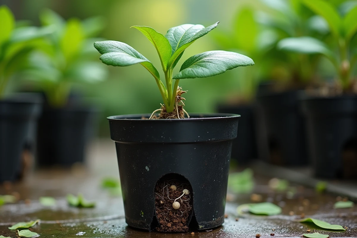 Bouture de Pittosporum Kohuhu avec racines visibles sous le pot de pépinière en extérieur