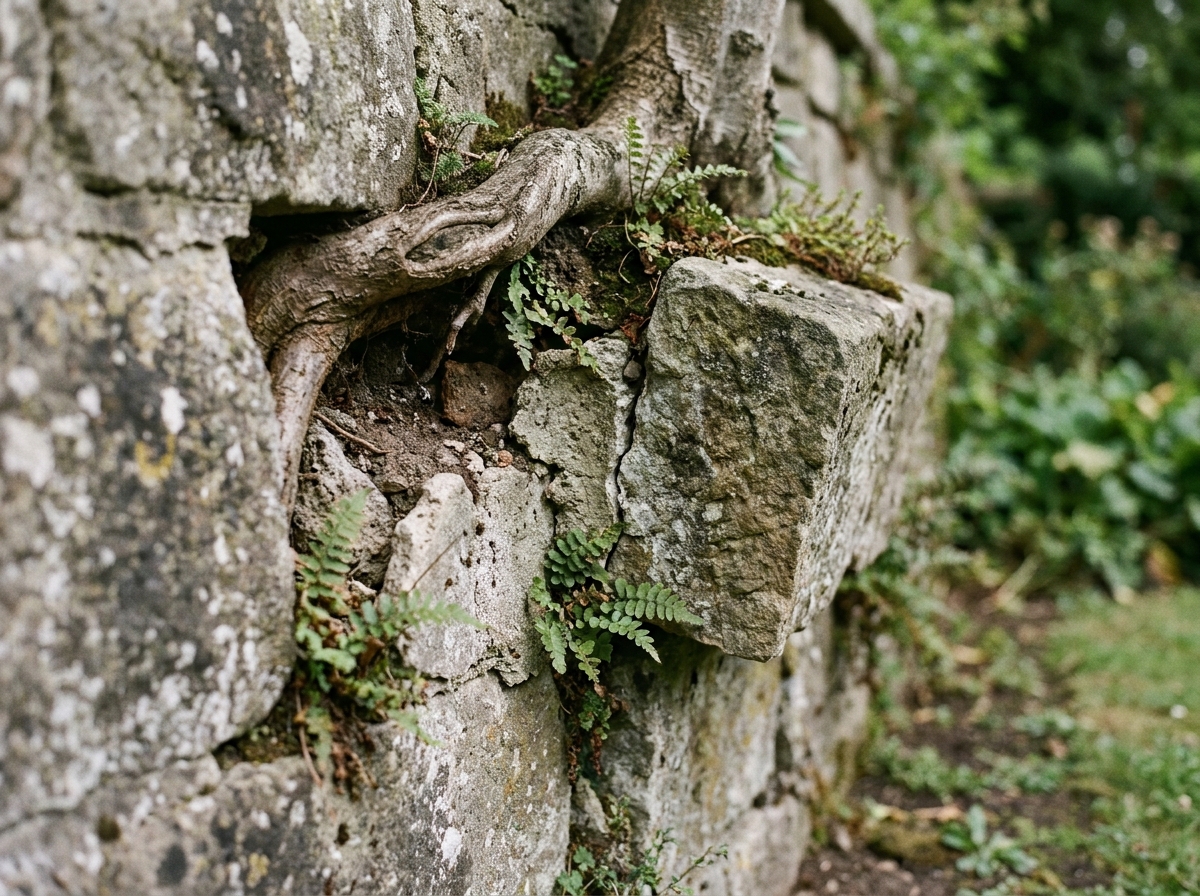 Mur de pierres de jardin fissuré et endommagé par des racines d'arbres envahissant le mortier