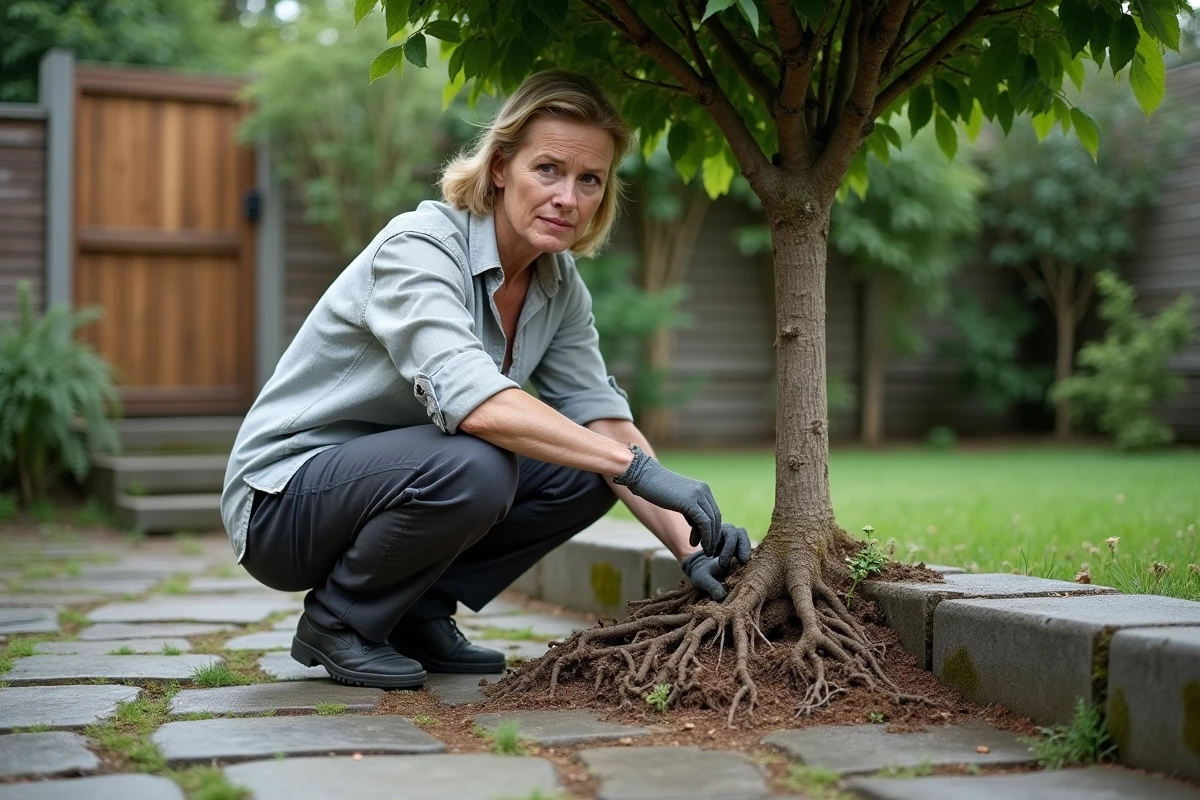 Femme observant les racines envahissantes d'un prunus poussant contre une clôture de jardin mitoyenne