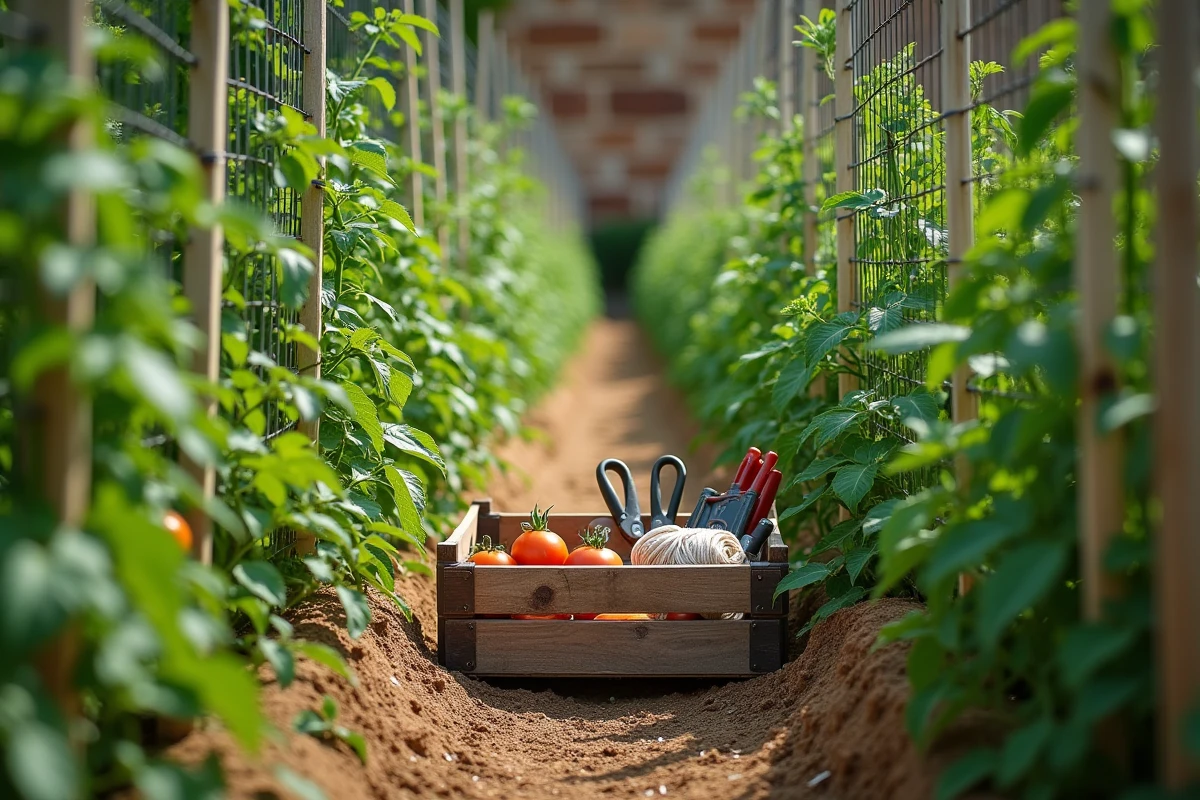 Vue large d'un potager familial avec des rangées de plants de tomates taillés et non taillés en plein été