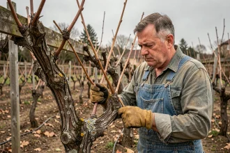 Viticulteur amateur examinant attentivement une vigne de table mal taillée dans un jardin au printemps