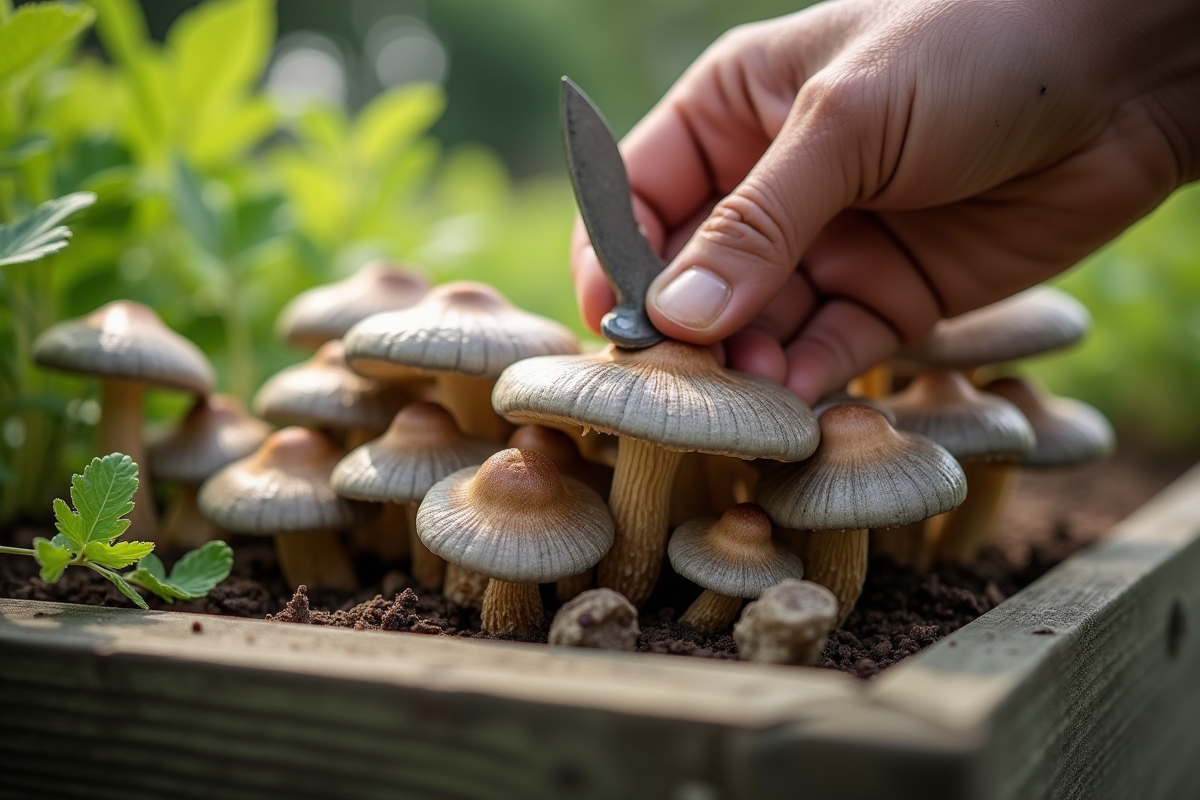 Jardinier récoltant des chanterelles avec un couteau