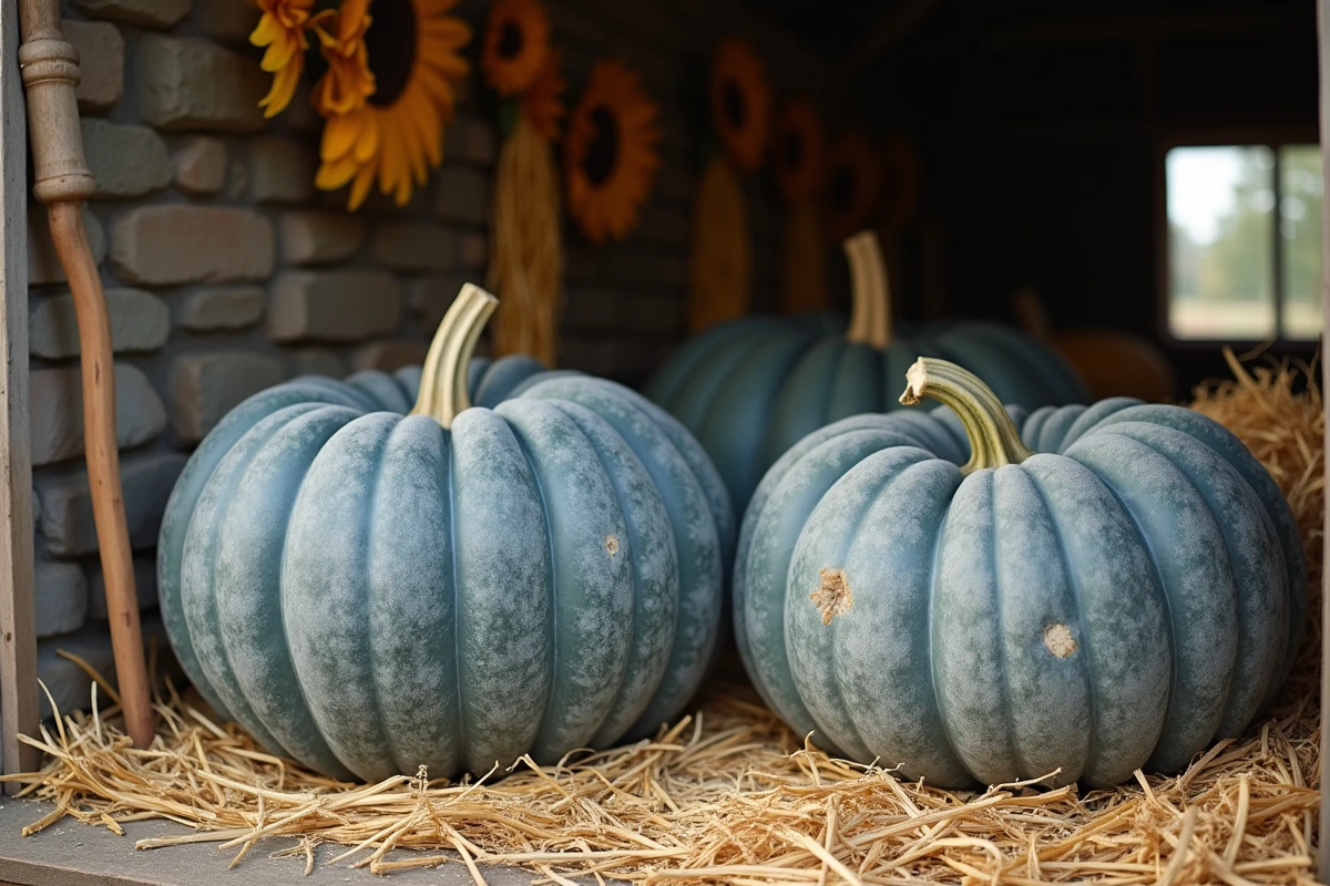 Récolte de citrouilles Bleu de Hongrie posées sur de la paille dans une grange en pierre en automne