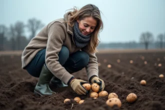 Femme récoltant des pommes de terre dans un champ en automne sous un ciel gris froid