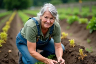 Femme jardinière récoltant des pommes de terre matures dans un potager en fin d'été