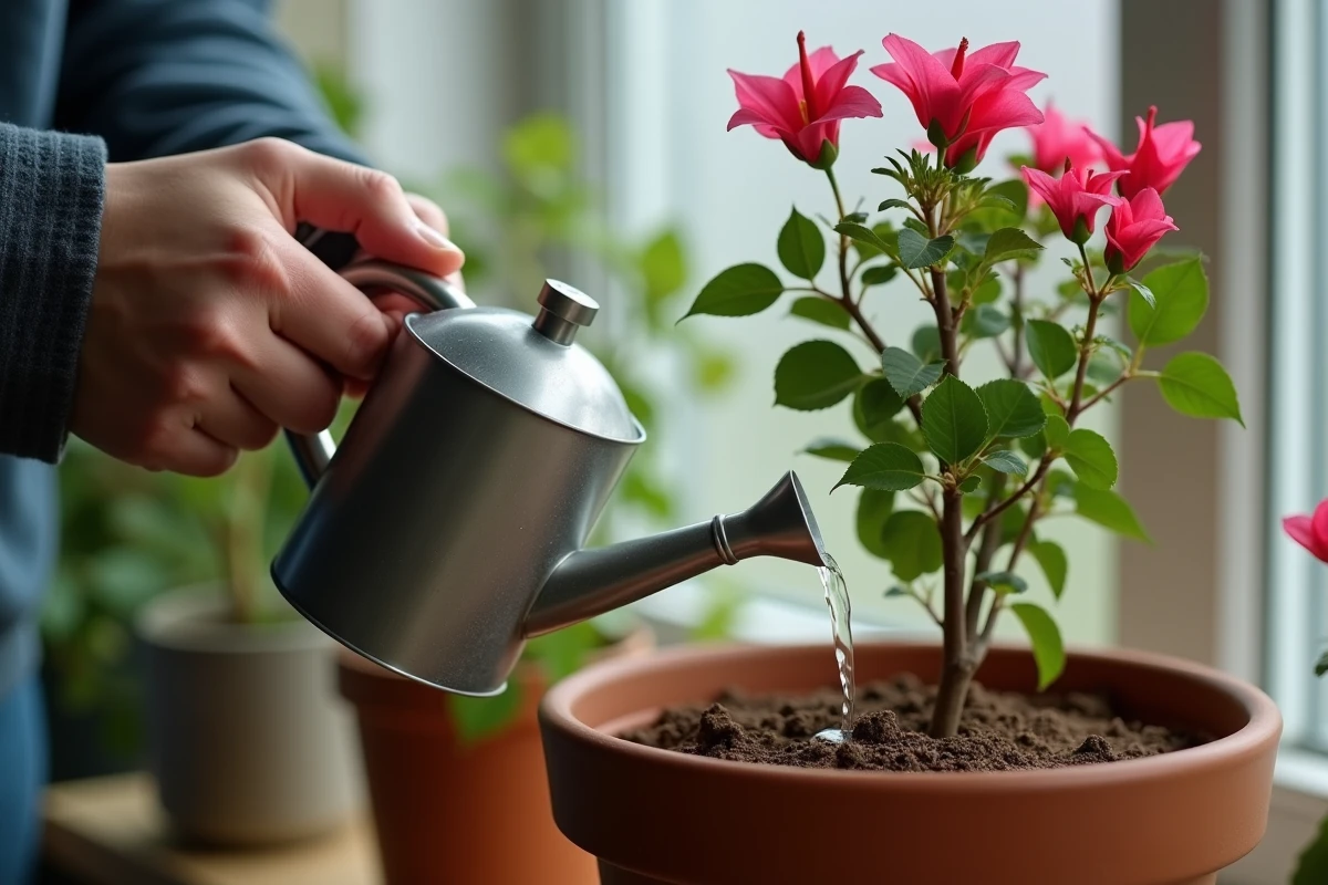 Main d'un jardinier arrosant avec parcimonie un bougainvillier en pot en hiver, illustrant la réduction des arrosages
