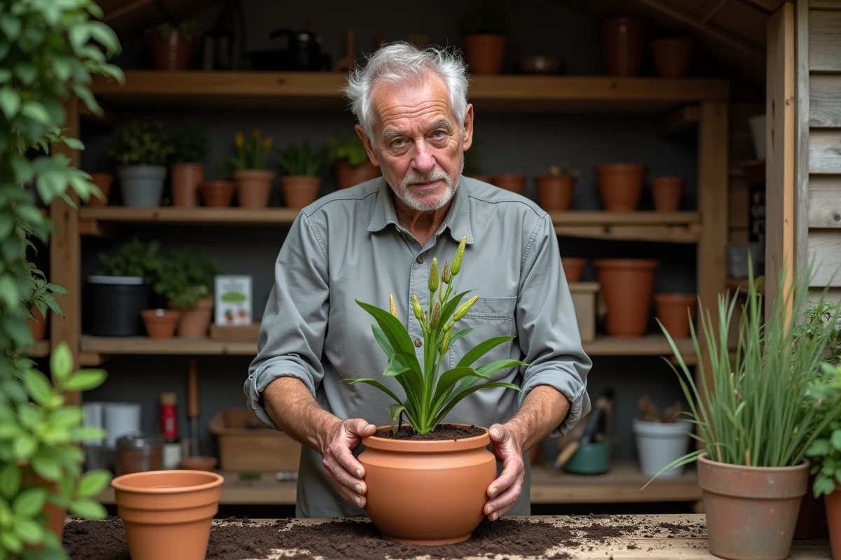 Homme rempotant un lys oriental dans un nouveau pot en argile avec du compost frais dans un abri de jardin, solution pour faire refeurir le lys