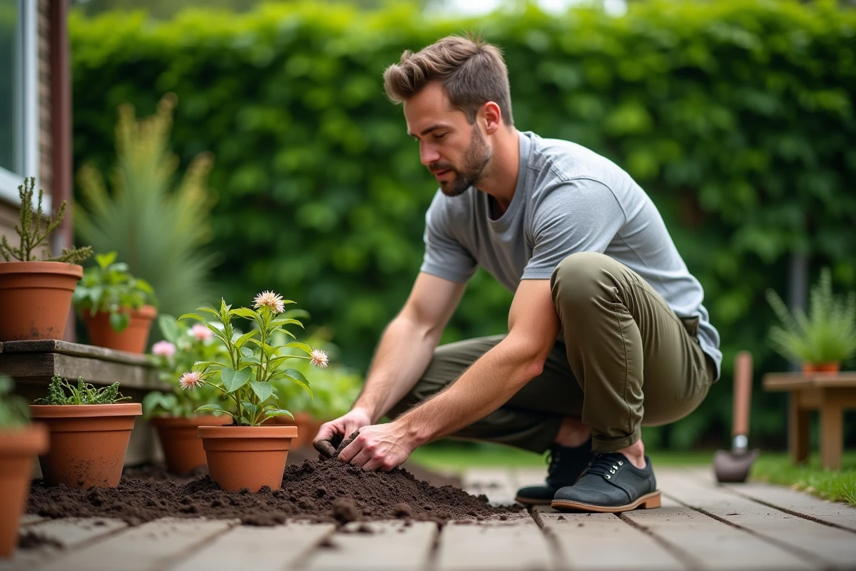 Homme en train de rempoter des plants de fleurs dans des pots en terre cuite sur une terrasse en bois entourée de verdure