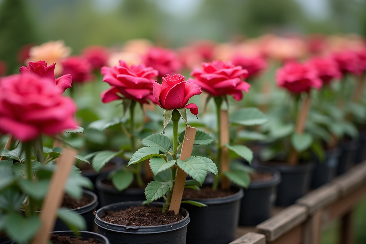 Rangée de roses plantées en pots avec étiquettes dans un espace de jardinage lumineux