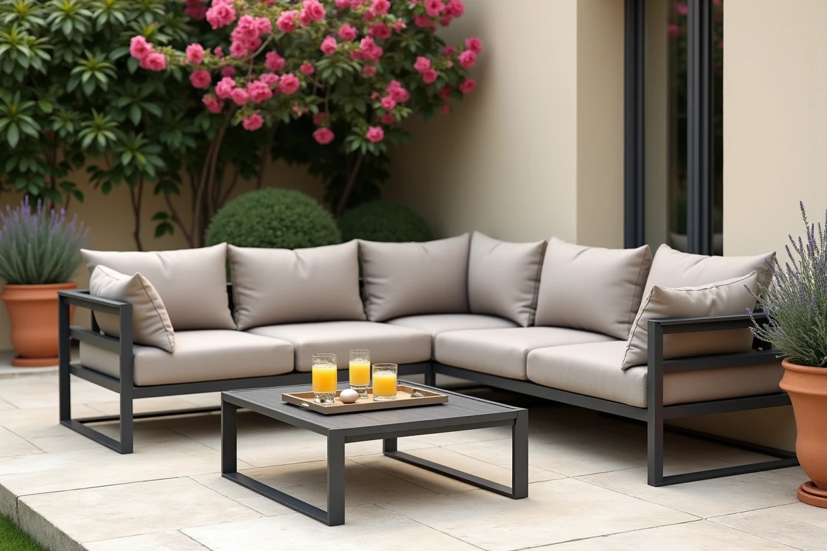 Salon de jardin d'angle en aluminium anthracite avec coussins taupe sur terrasse en pierre de style méditerranéen
