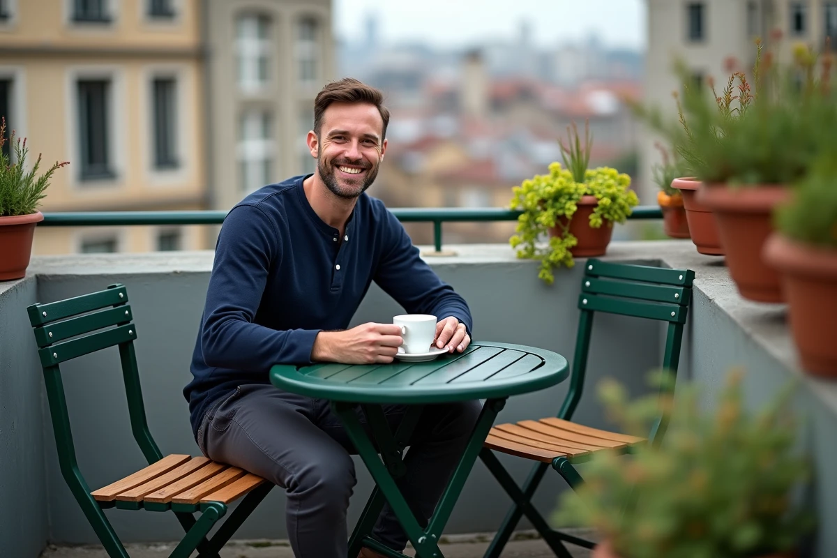 Homme attablé à un salon de jardin bistrot en acier vert sur balcon urbain avec plantes en pot