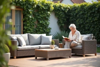 Femme assise sur un salon de jardin en résine tressée avec coussins gris sur une terrasse composite cosy