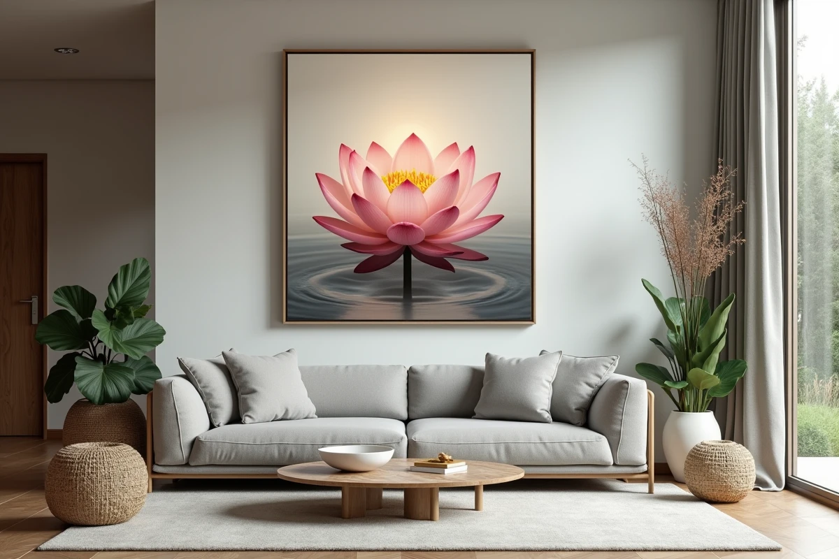Intérieur contemporain avec tableau lotus au mur